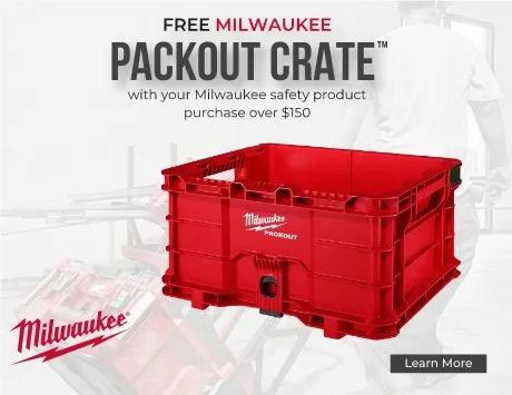 Free Milwaukee pack out crate with your Milwaukee safety product purchase over $150. Learn more