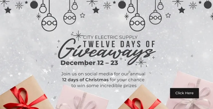 City electric supply 12 days of giveaways. December 12th – 23rd. Join us on a social media for our annual 12 days of Christmas for your chance to win some incredible prizes. Click here