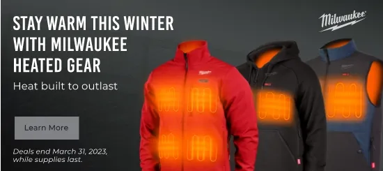 For the third time Milwaukee tools. Stay warm this winter with Milwaukee heated gear. Heat built to outlast. Deal ends March 31st, 2023, while supplies last.