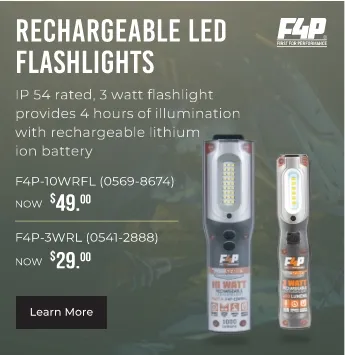 F4P. Rechargeable LED flashlights. IP54 rated, 3-Watt flashlight provides 4 hours of illumination with rechargeable lithium-ion battery. Now $29 to $49.
