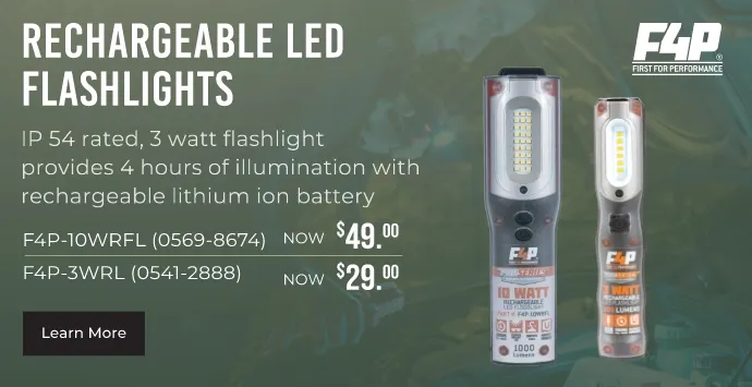 F4P. Rechargeable LED flashlights. IP54 rated, 3-Watt flashlight provides 4 hours of illumination with rechargeable lithium-ion battery. Now $29 to $49.