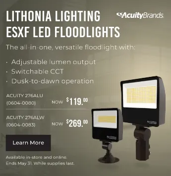 The all-in-one, versatile floodlight with: Adjustable lumen output. Switchable CCT. Dusk-to-dawn operation. Acuity 276ALU Now $119 each. Acuity 276ALW Now $269 each.